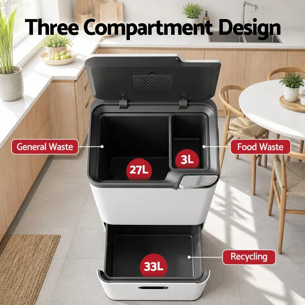 63L Pull Out Rubbish Bin 3 Compartment Split Door Trash Can Kitchen Organiser
