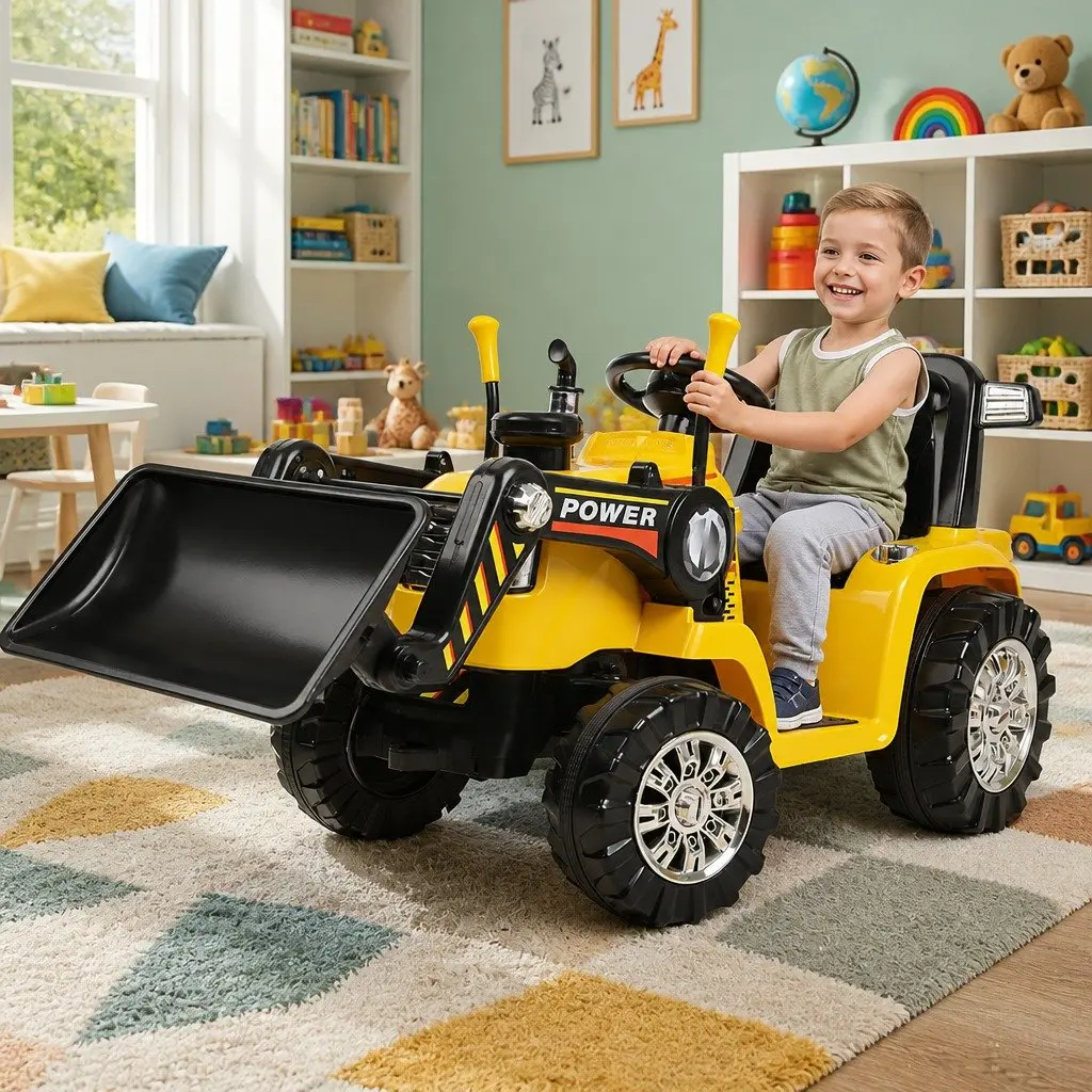 Electric Ride On Bulldozer Toy for Kids Remote Control 6V Yellow with Lifting Arm and Push Blade