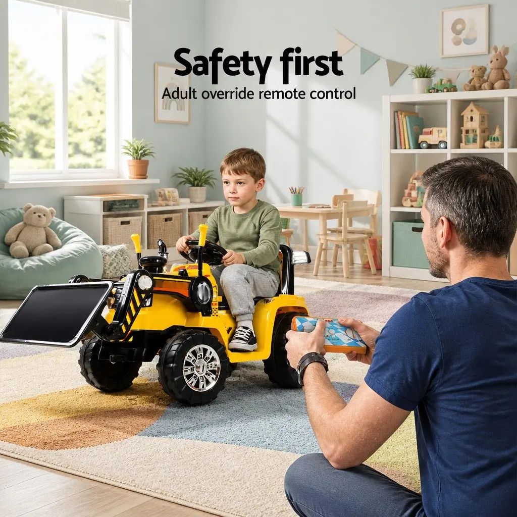 Electric Ride On Bulldozer Toy for Kids Remote Control 6V Yellow with Lifting Arm and Push Blade