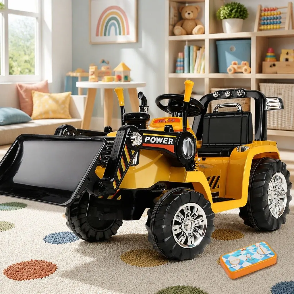 Electric Ride On Bulldozer Toy for Kids Remote Control 6V Yellow with Lifting Arm and Push Blade