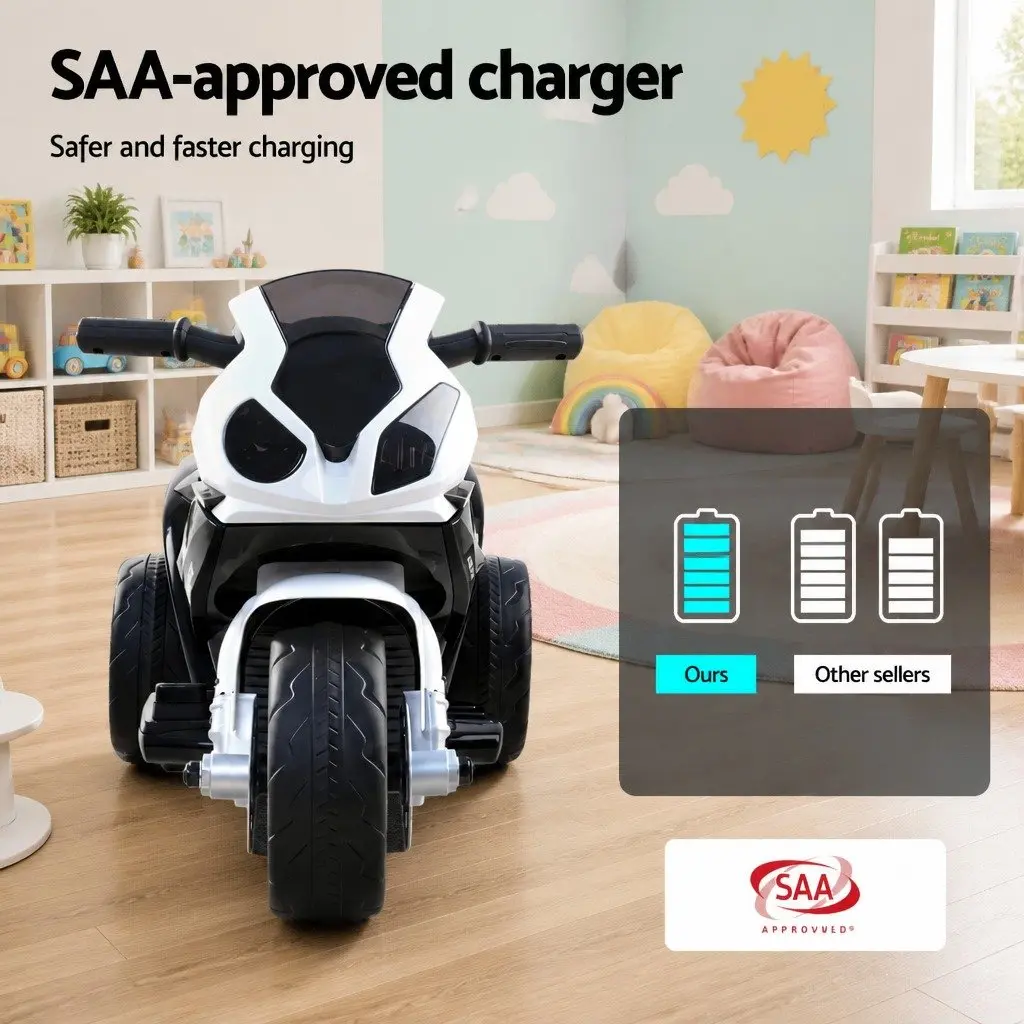 Electric Ride On Motorcycle for Kids Battery Powered 3 Wheel with Suspension Black