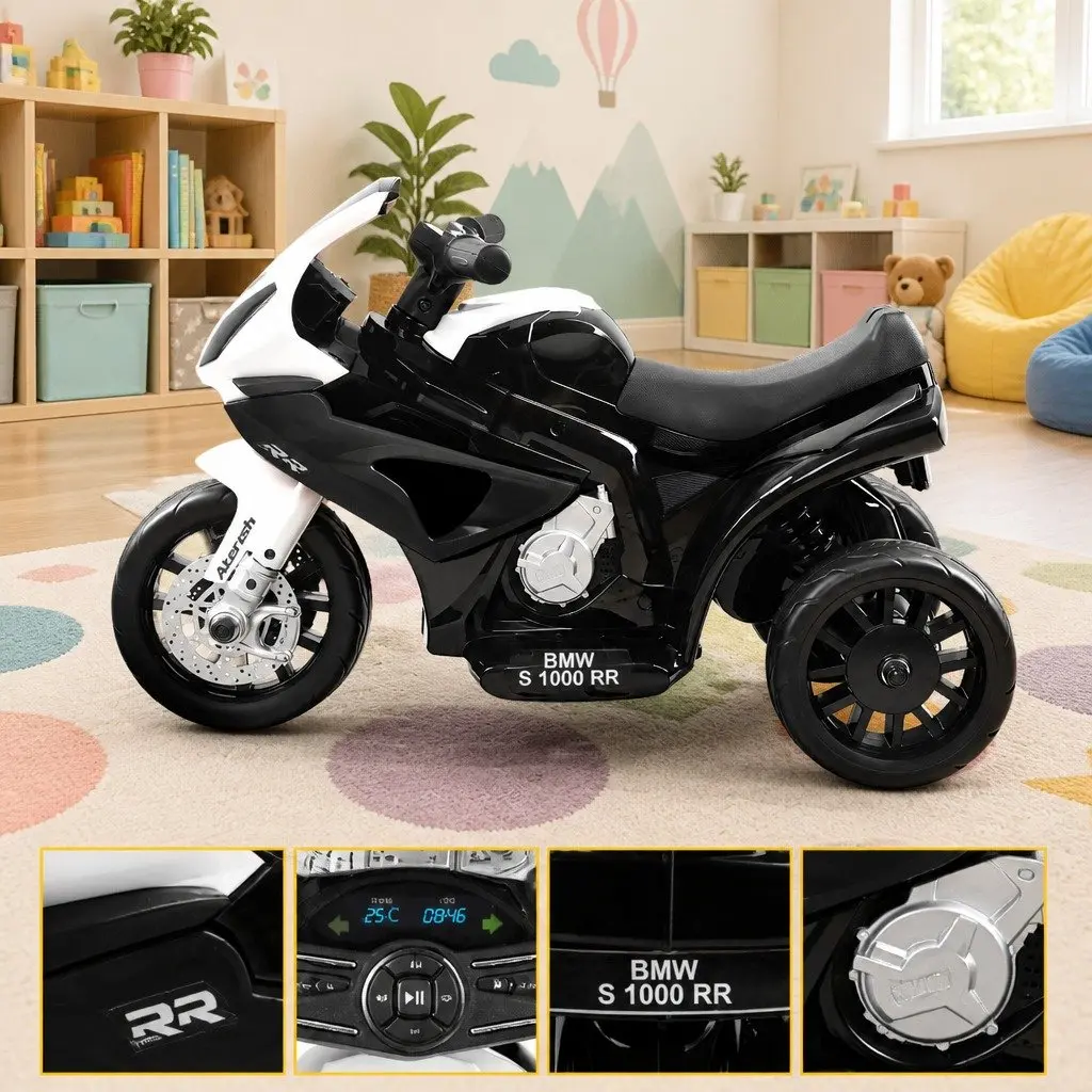 Electric Ride On Motorcycle for Kids Battery Powered 3 Wheel with Suspension Black