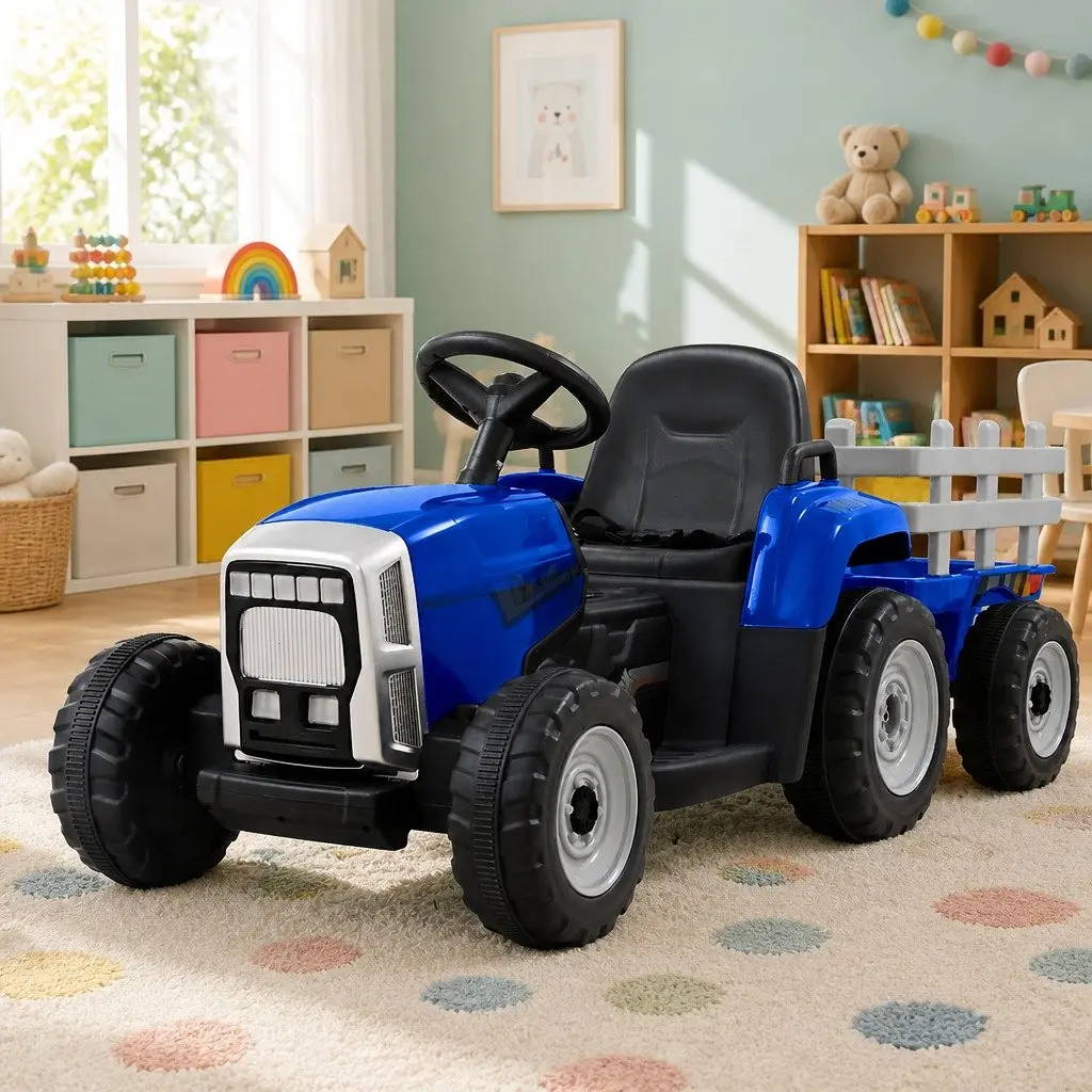 Kids Electric Ride On Tractor 12V Battery Powered Blue Outdoor Play 1395x525x500mm