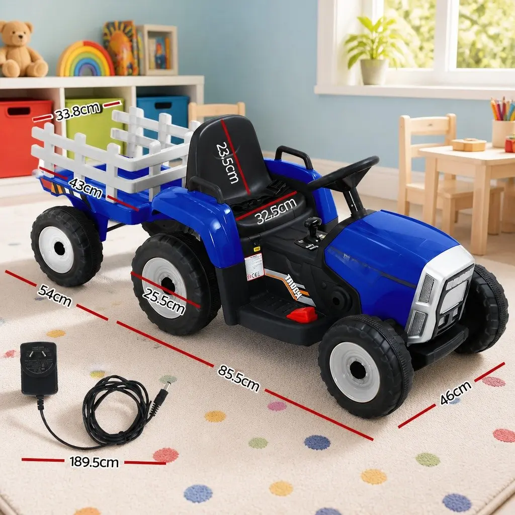 Kids Electric Ride On Tractor 12V Battery Powered Blue Outdoor Play 1395x525x500mm