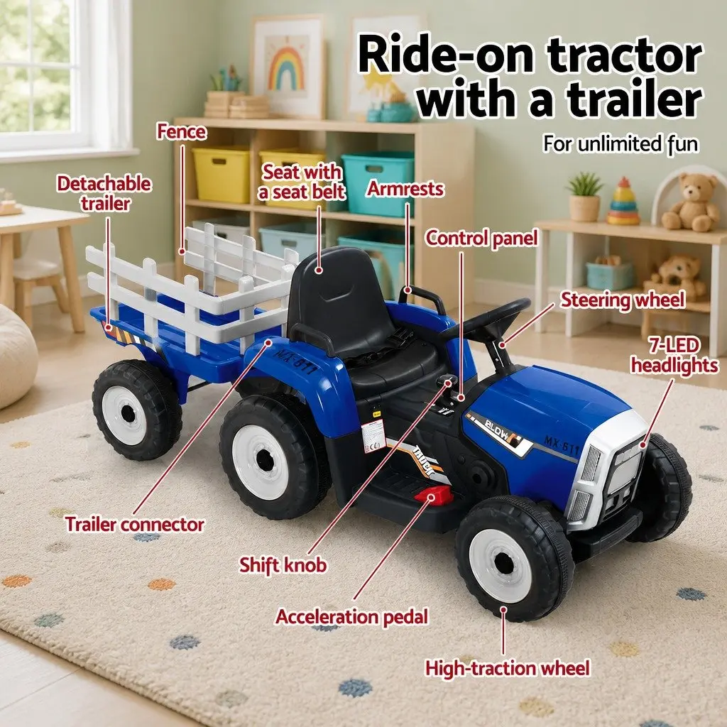 Kids Electric Ride On Tractor 12V Battery Powered Blue Outdoor Play 1395x525x500mm