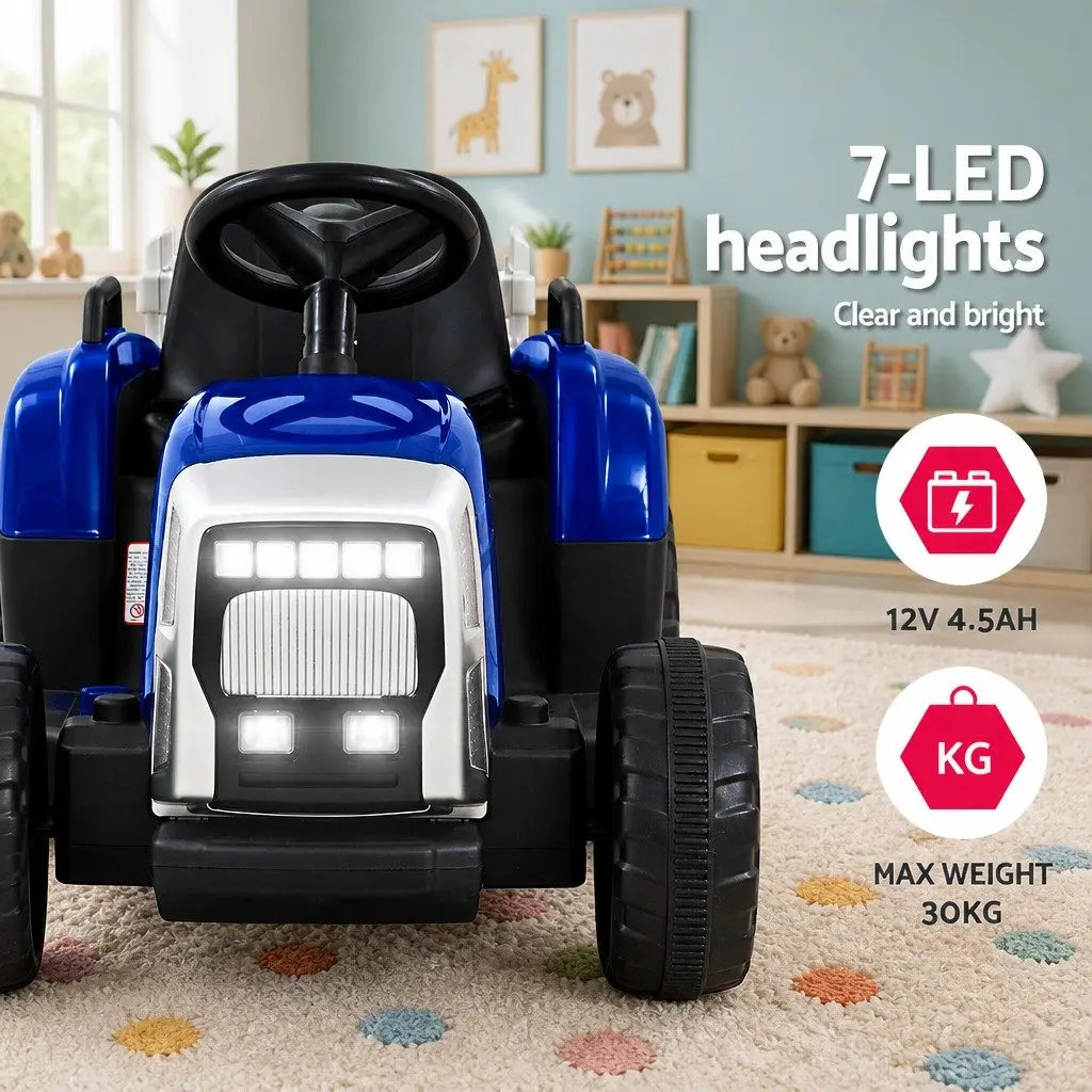 Kids Electric Ride On Tractor 12V Battery Powered Blue Outdoor Play 1395x525x500mm