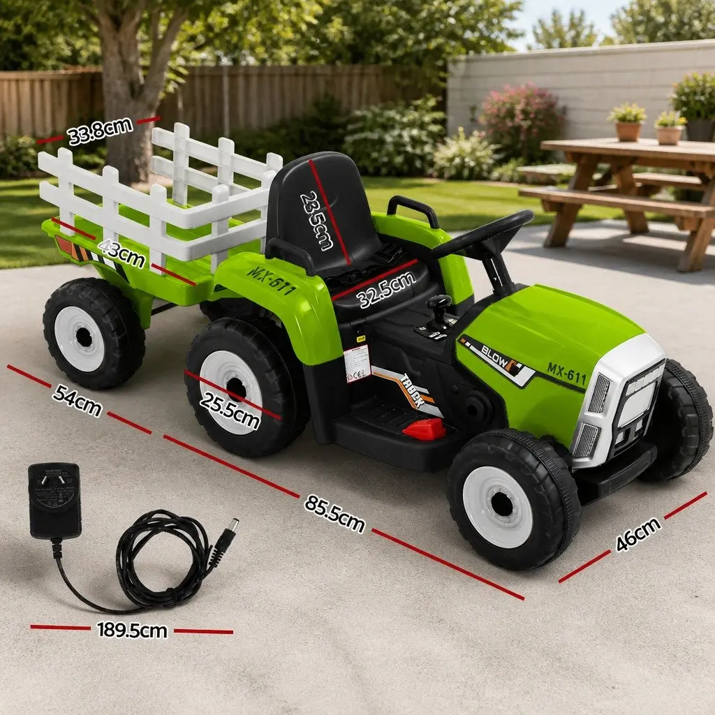 Kids Ride On Tractor Electric Car Toy with Detachable Trailer Green 12V