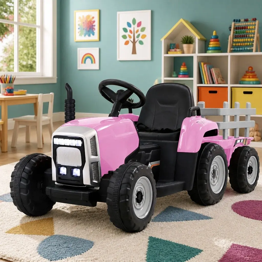 Kids Ride On Tractor Toy 12V Battery Powered Pink with Detachable Trailer for Ages 3 to 6 Years