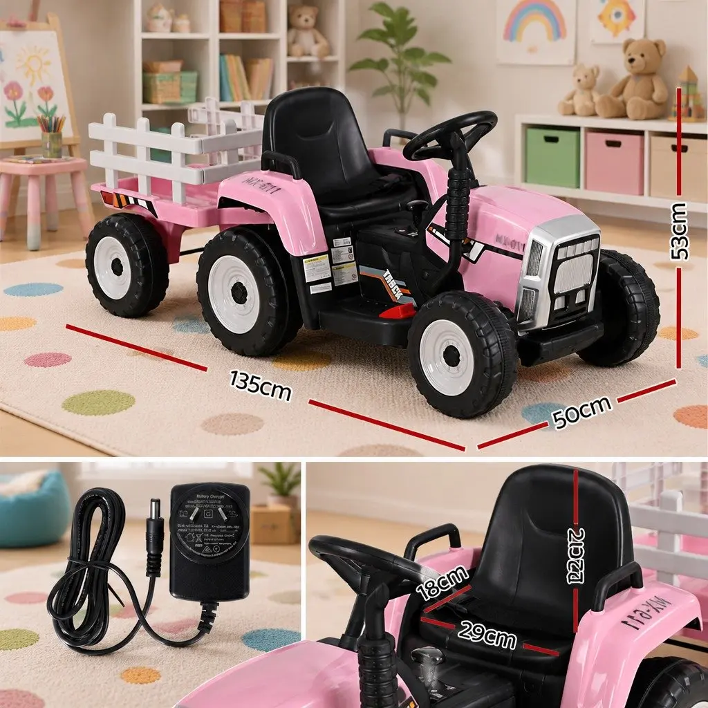 Kids Ride On Tractor Toy 12V Battery Powered Pink with Detachable Trailer for Ages 3 to 6 Years