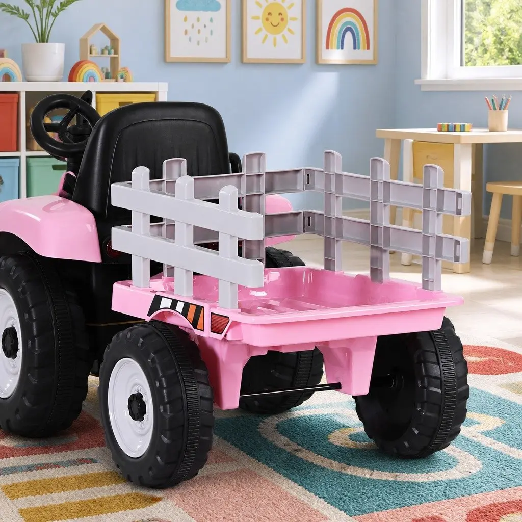 Kids Ride On Tractor Toy 12V Battery Powered Pink with Detachable Trailer for Ages 3 to 6 Years