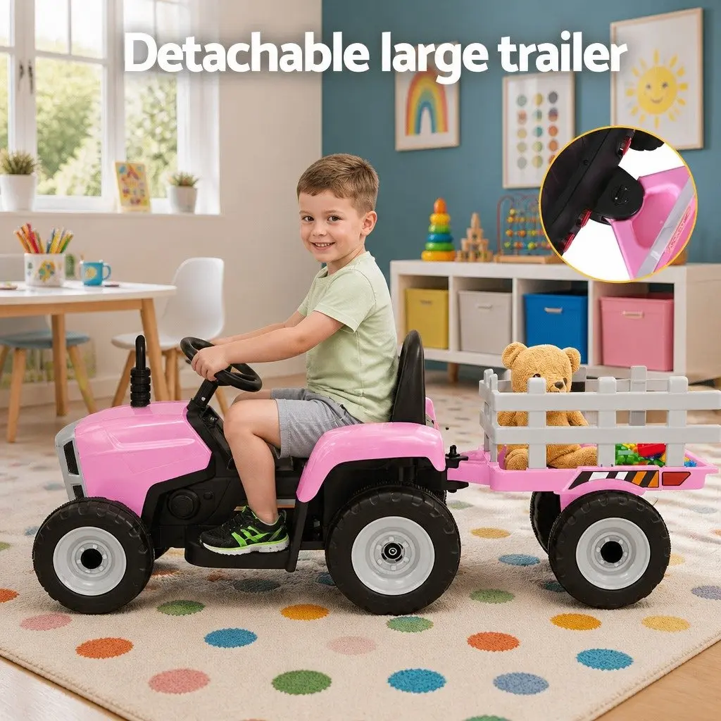 Kids Ride On Tractor Toy 12V Battery Powered Pink with Detachable Trailer for Ages 3 to 6 Years
