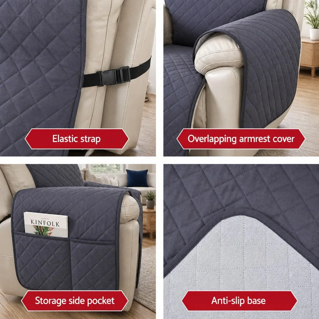 Recliner Chair Cover Water Resistant Grey Diamond Quilted 1-Seater