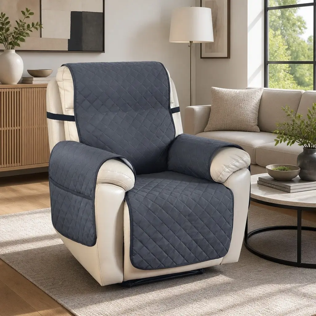 Recliner Chair Cover Water Resistant Grey Diamond Quilted 1-Seater