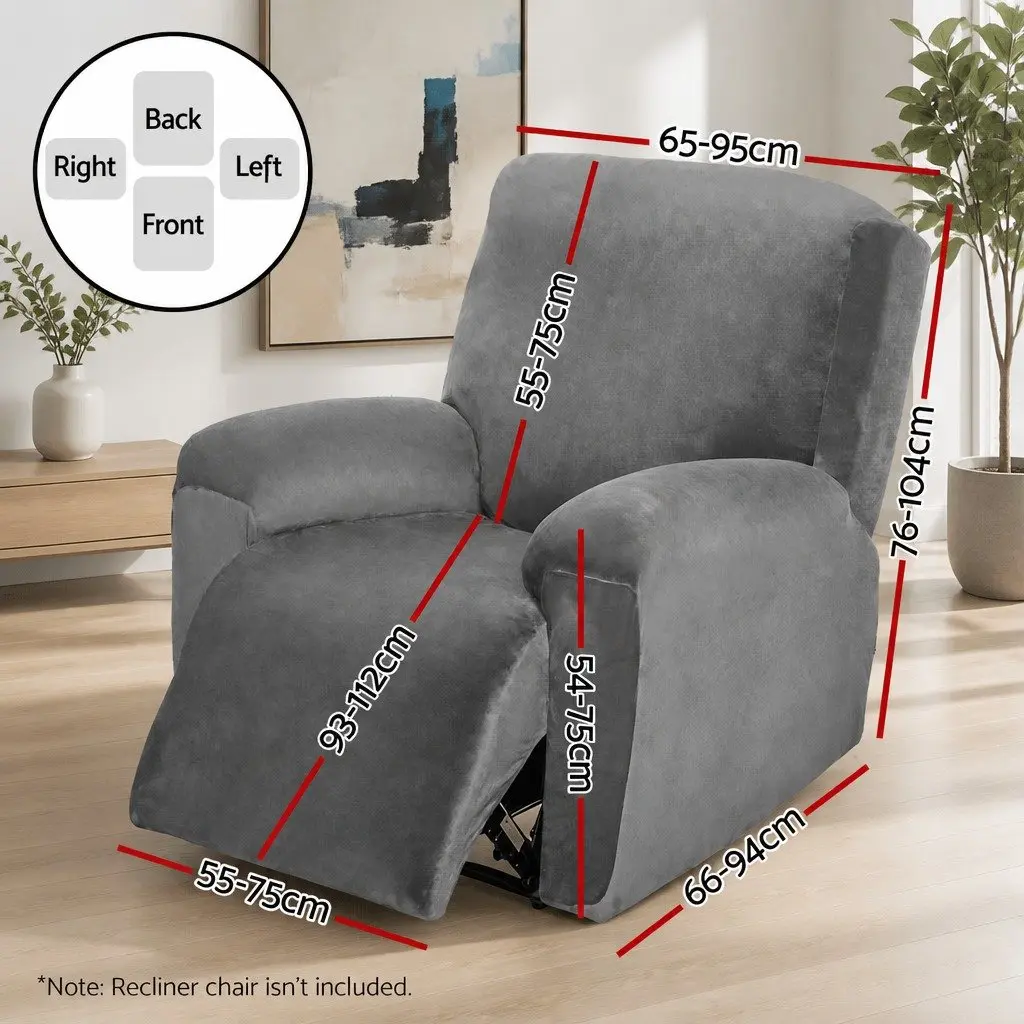 Recliner Chair Cover 1 Seater Velvet Grey Stretch Elastic Bottom Anti-Slip