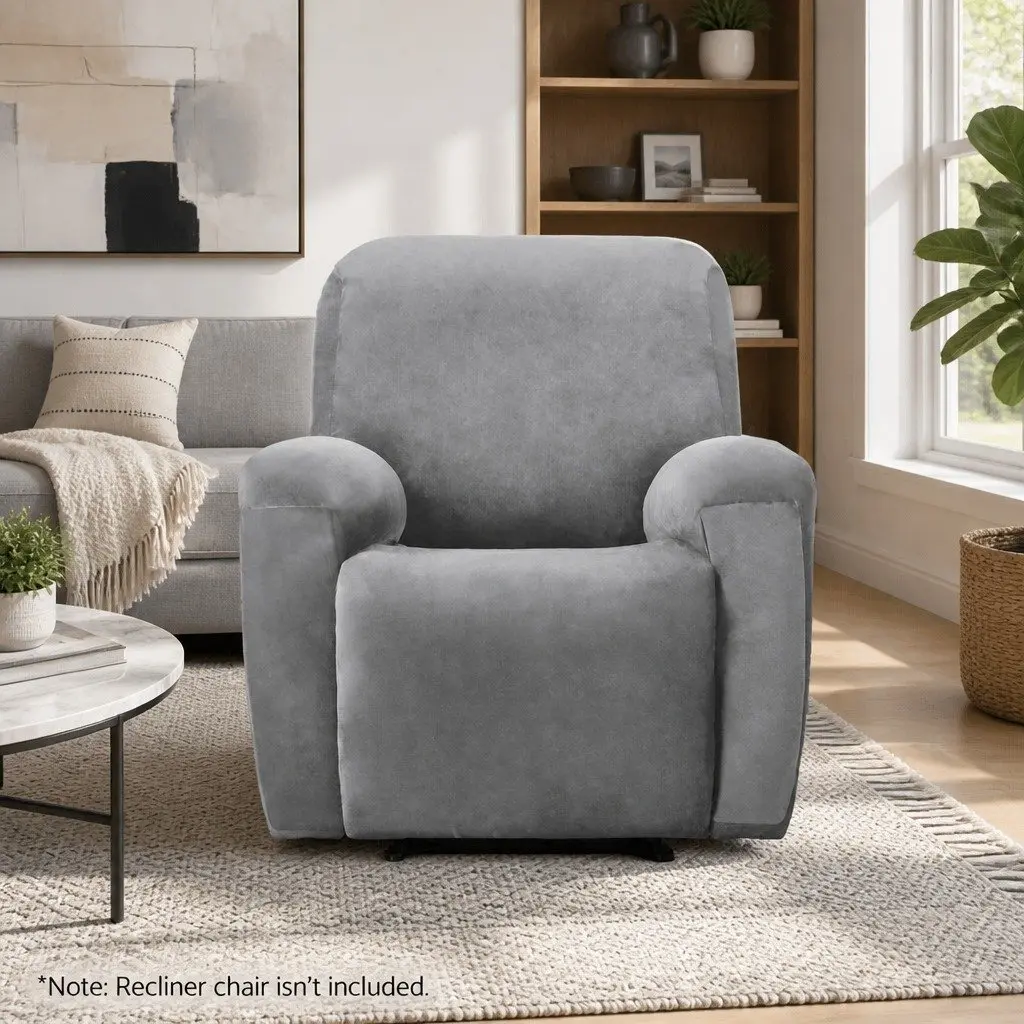 Recliner Chair Cover 1 Seater Velvet Grey Stretch Elastic Bottom Anti-Slip
