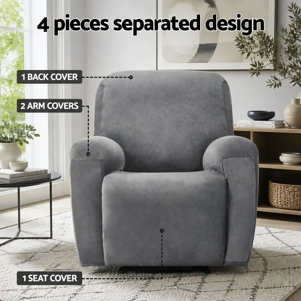 Recliner Chair Cover 1 Seater Velvet Grey Stretch Elastic Bottom Anti-Slip