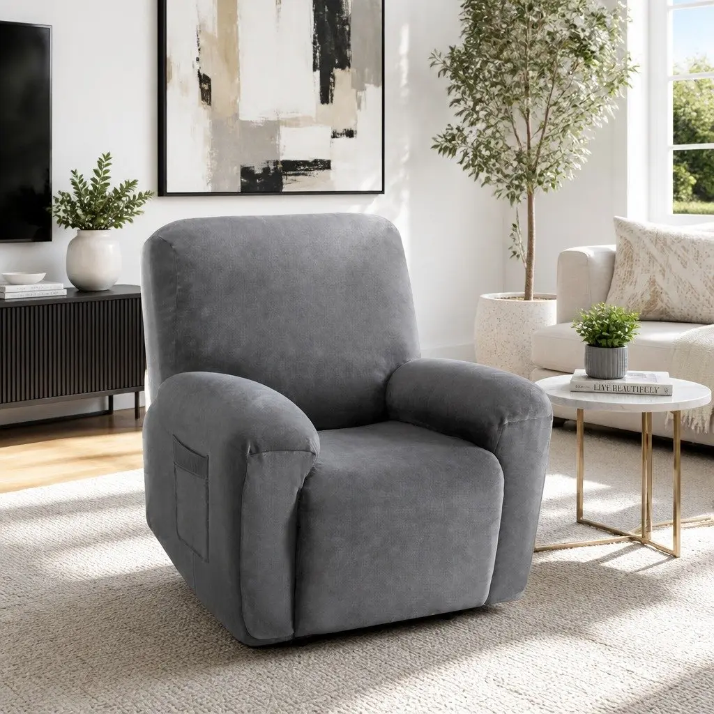Recliner Chair Cover 1 Seater Velvet Grey Stretch Elastic Bottom Anti-Slip