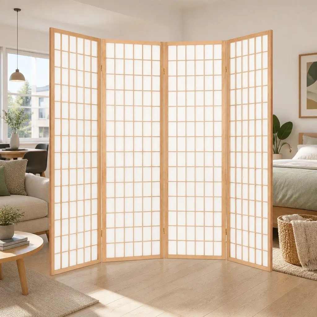 4 Panel Room Divider Natural Foldable 174x179cm