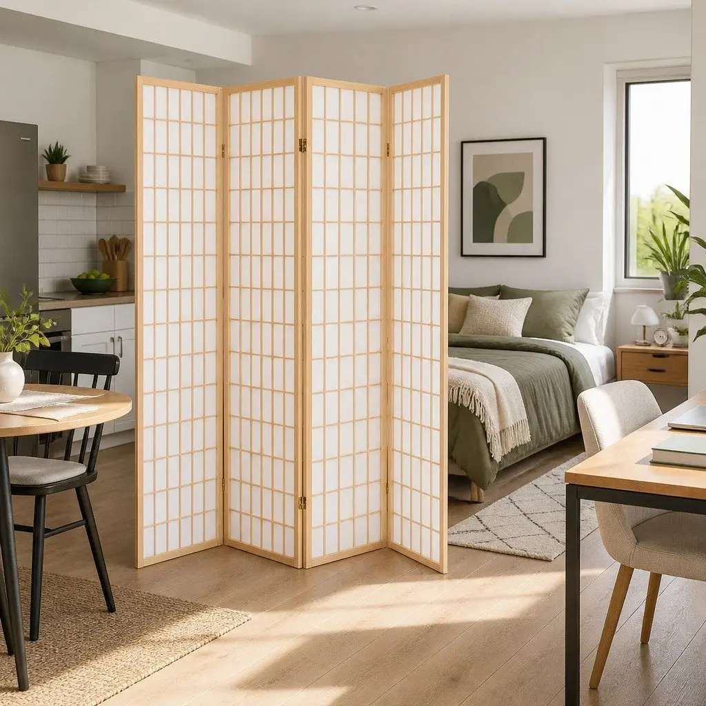 4 Panel Room Divider Natural Foldable 174x179cm