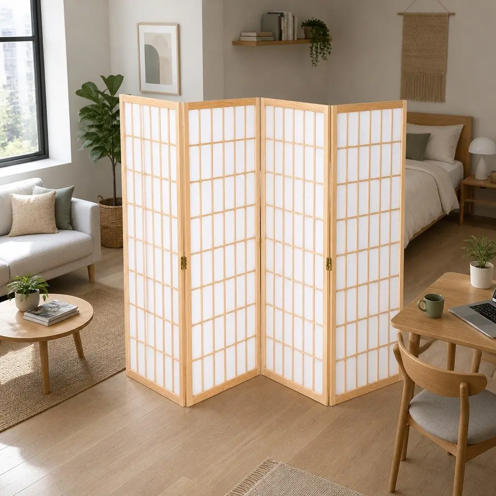 4 Panel Room Divider Natural Foldable 174x179cm