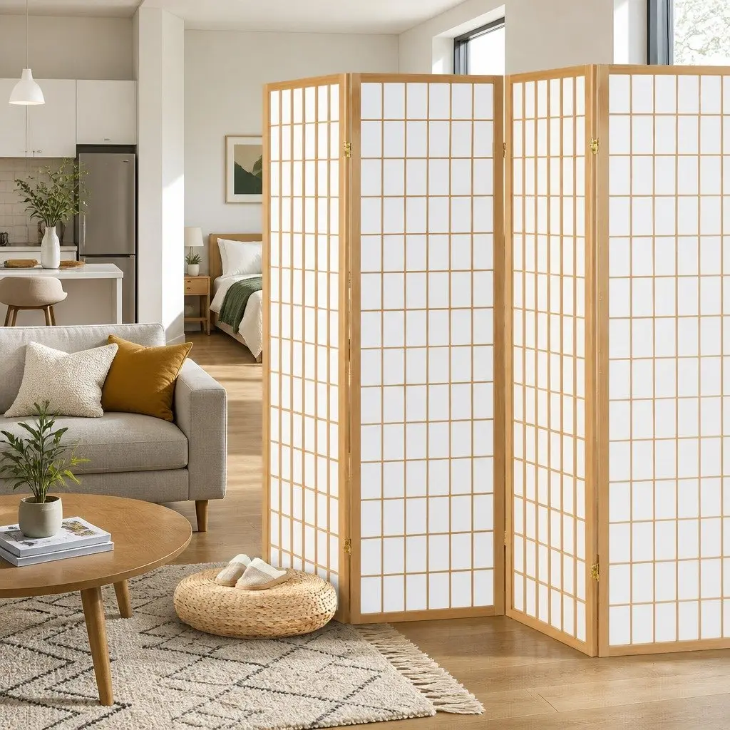 4 Panel Room Divider Natural Foldable 174x179cm
