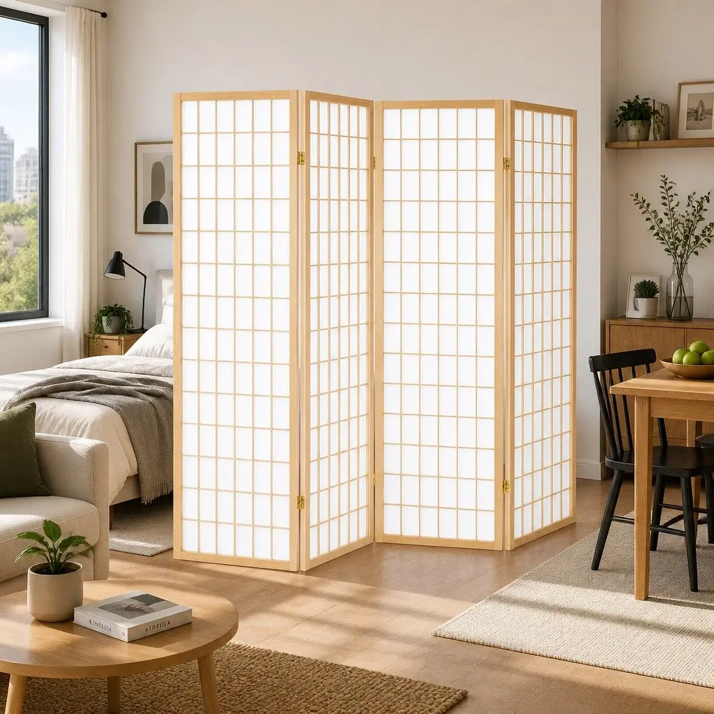 4 Panel Room Divider Natural Foldable 174x179cm