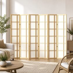 6 Panel Room Divider Screen Folding Privacy Partition Natural Wood Portable