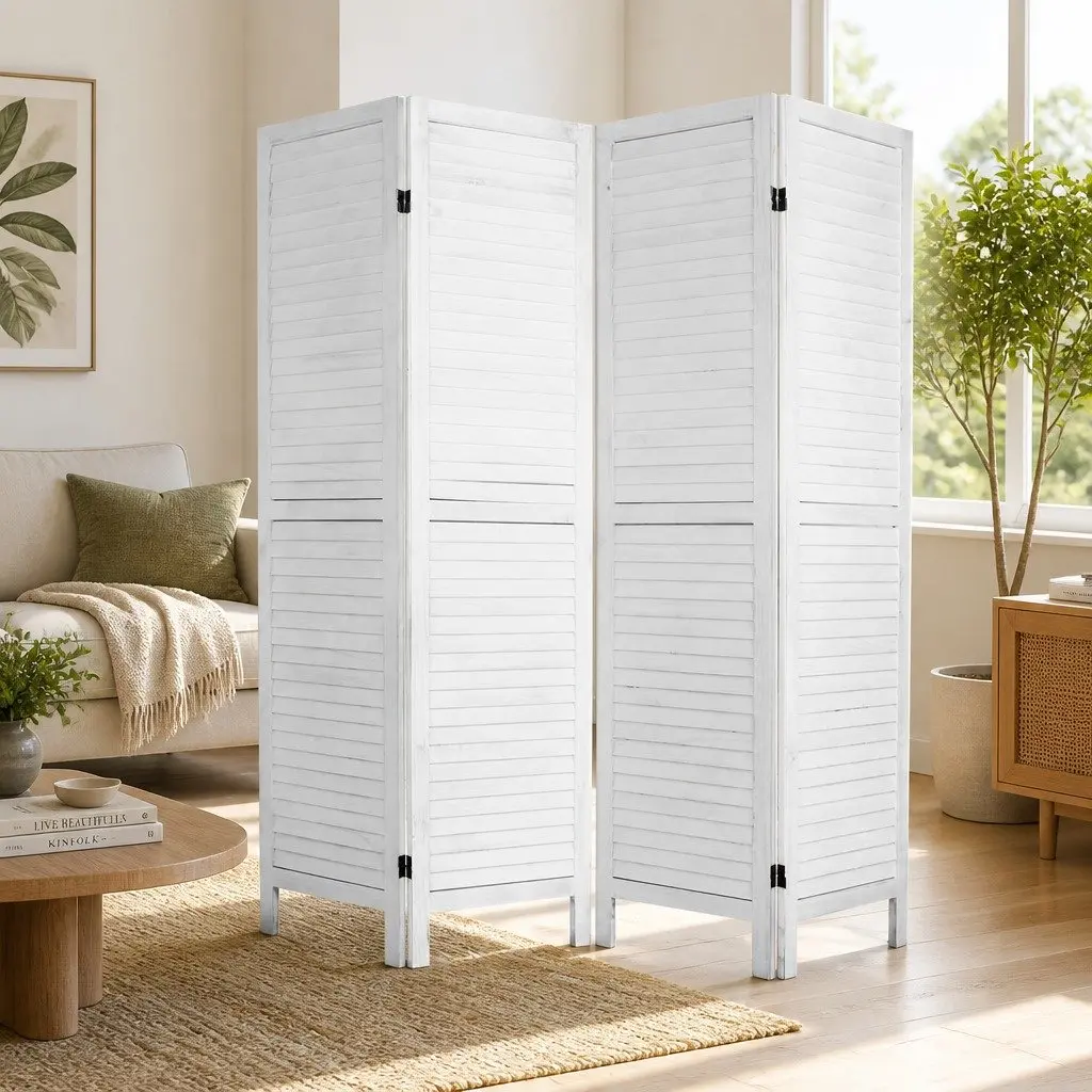 4 Panel Room Divider Screen 163x170cm Foldable Louver White Folding