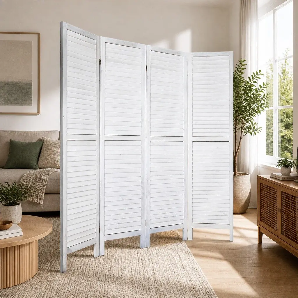 4 Panel Room Divider Screen 163x170cm Foldable Louver White Folding
