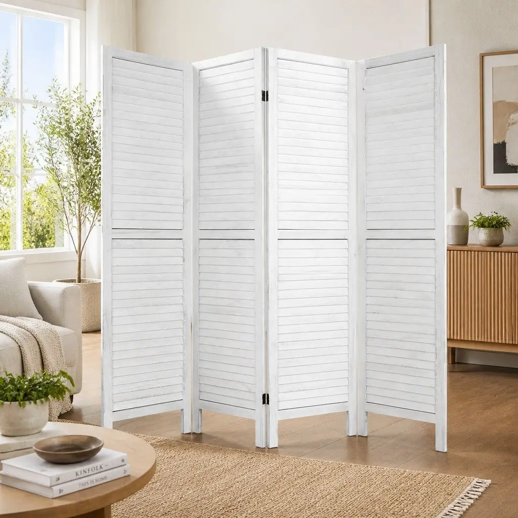 4 Panel Room Divider Screen 163x170cm Foldable Louver White Folding