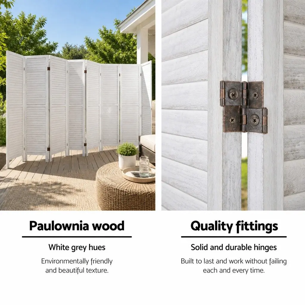 8 Panel Room Divider Screen 326x170cm Folding Privacy Partition White Wood