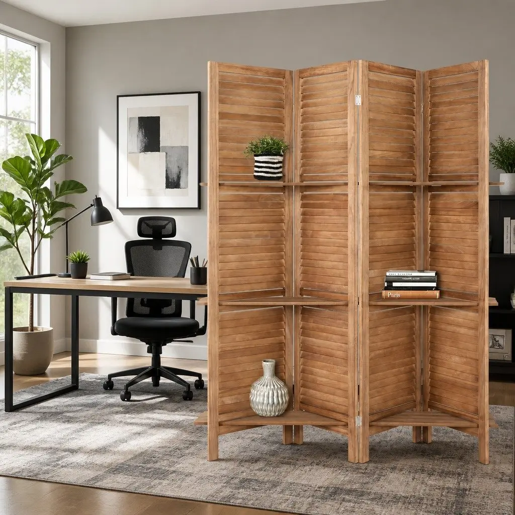 4 Panel Room Divider Screen 163x170cm Wooden Foldable Privacy Partition Shelf