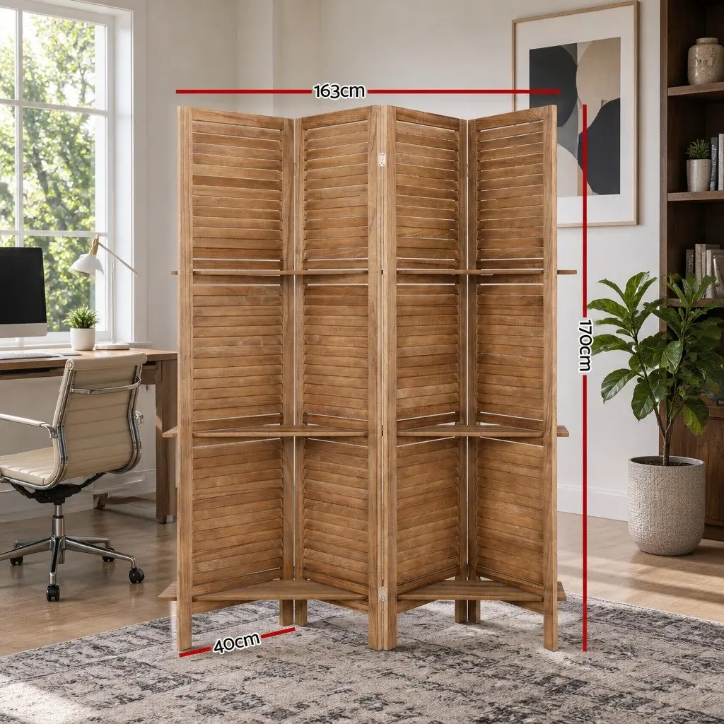 4 Panel Room Divider Screen 163x170cm Wooden Foldable Privacy Partition Shelf