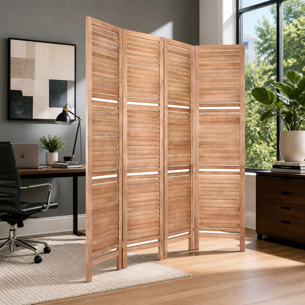 4 Panel Room Divider Screen 163x170cm Wooden Foldable Privacy Partition Shelf