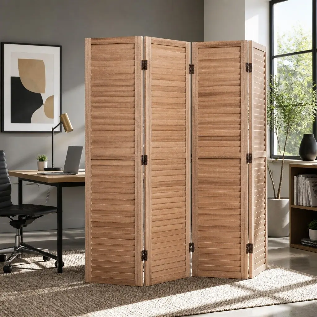 4 Panel Room Divider Screen 163x170cm Wooden Foldable Privacy Partition Shelf