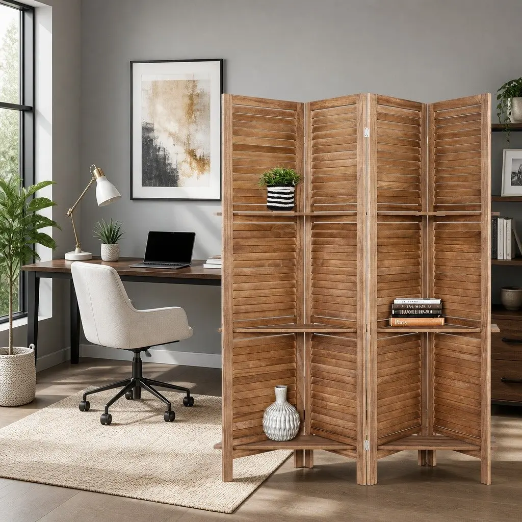 4 Panel Room Divider Screen 163x170cm Wooden Foldable Privacy Partition Shelf