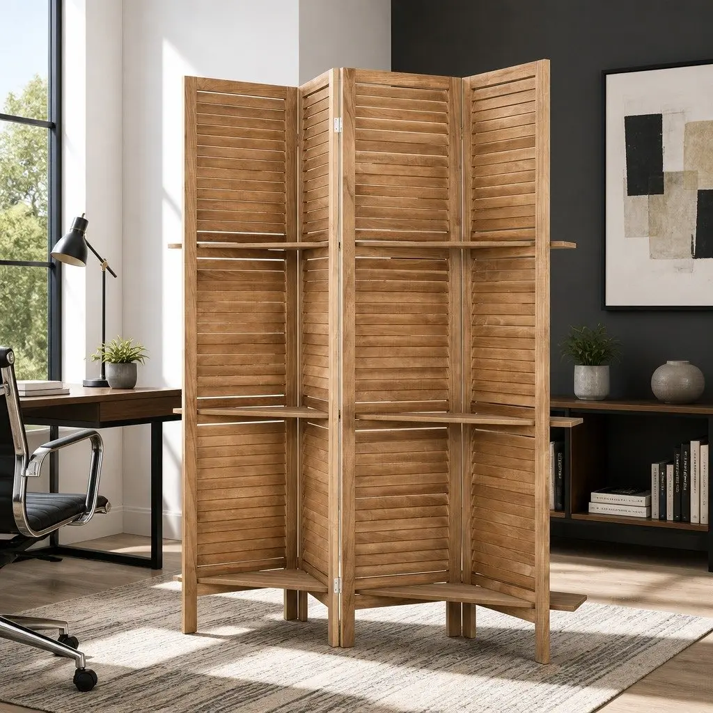 4 Panel Room Divider Screen 163x170cm Wooden Foldable Privacy Partition Shelf