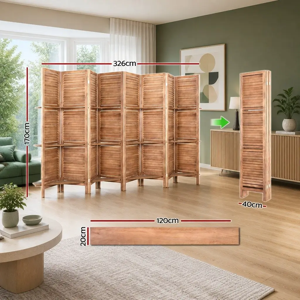 8 Panel Room Divider Screen Folding Privacy Partition 326x170cm Paulownia Wood