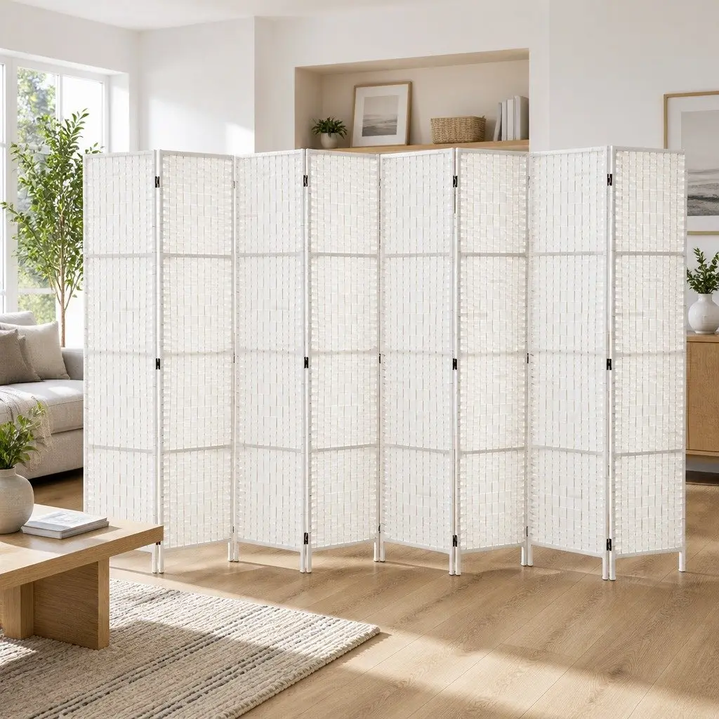 8 Panel Room Divider Screen 326x170cm Folding Partition White Hand-Woven