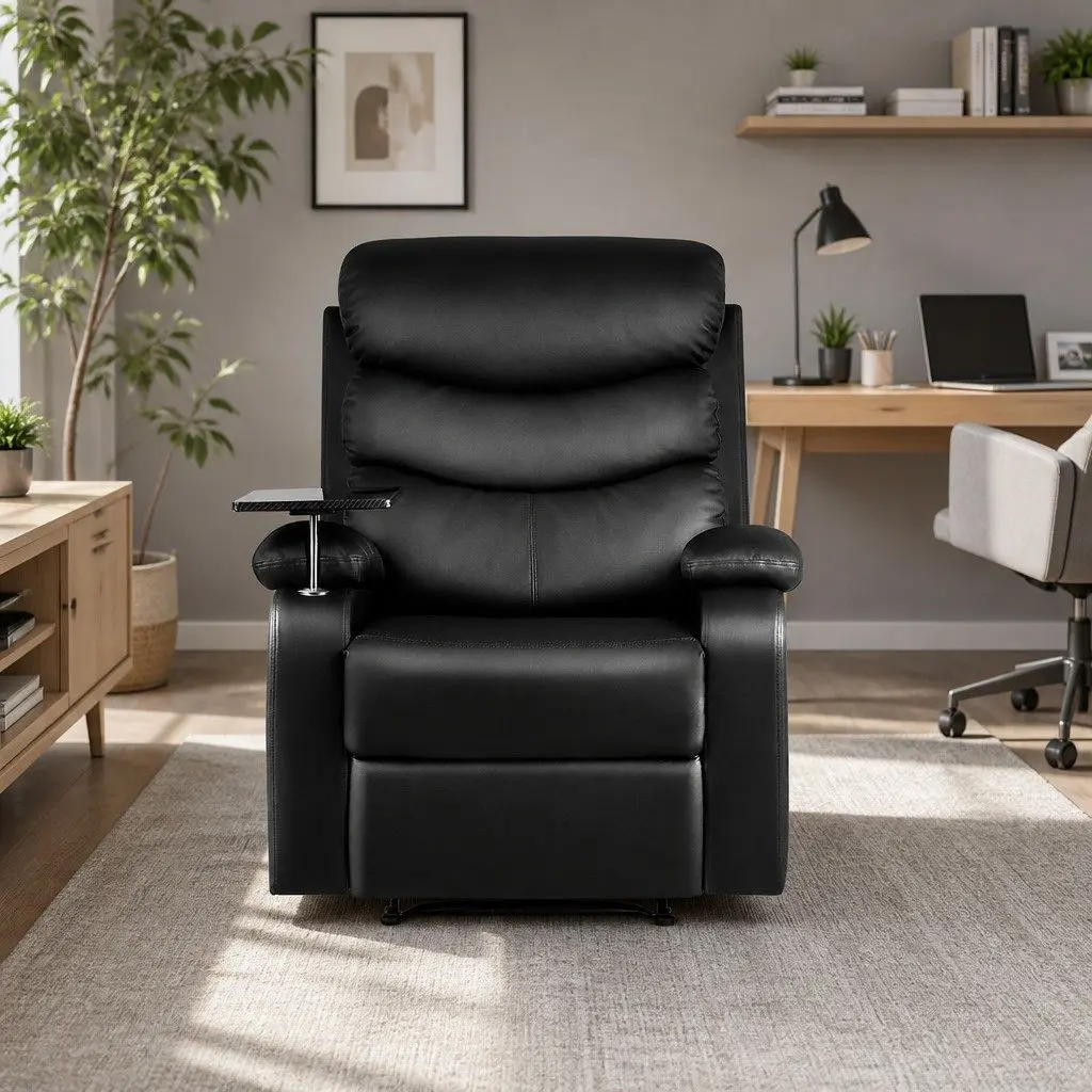Recliner Chair Black Leather Swivel Tray Table Adjustable Footrest 82cm x 91cm x 102cm