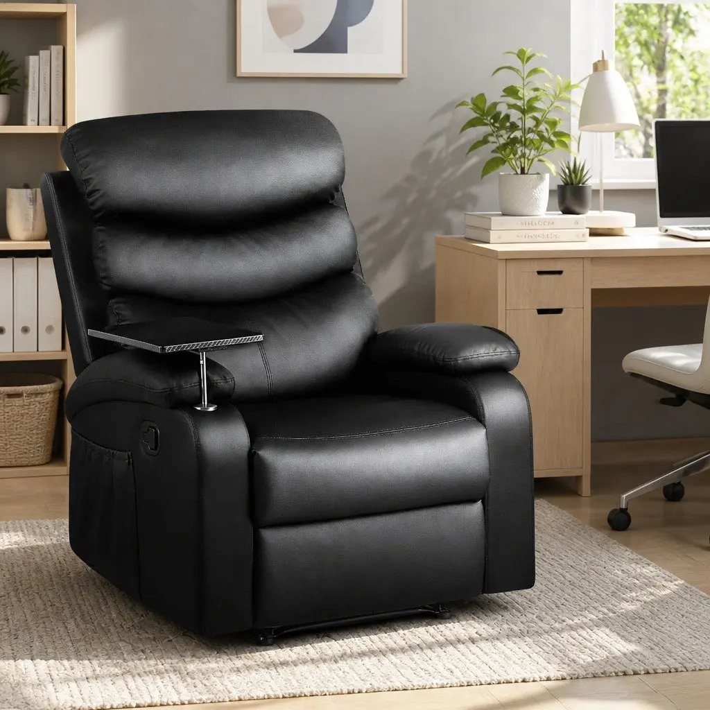 Recliner Chair Black Leather Swivel Tray Table Adjustable Footrest 82cm x 91cm x 102cm
