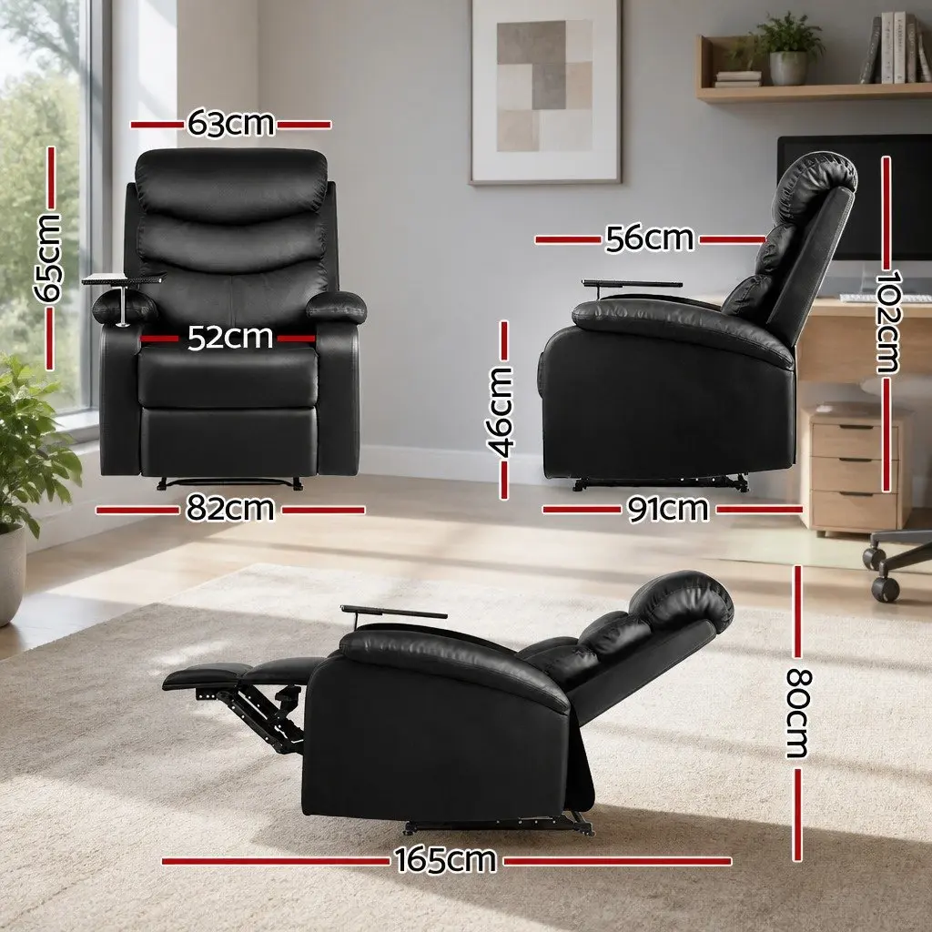 Recliner Chair Black Leather Swivel Tray Table Adjustable Footrest 82cm x 91cm x 102cm