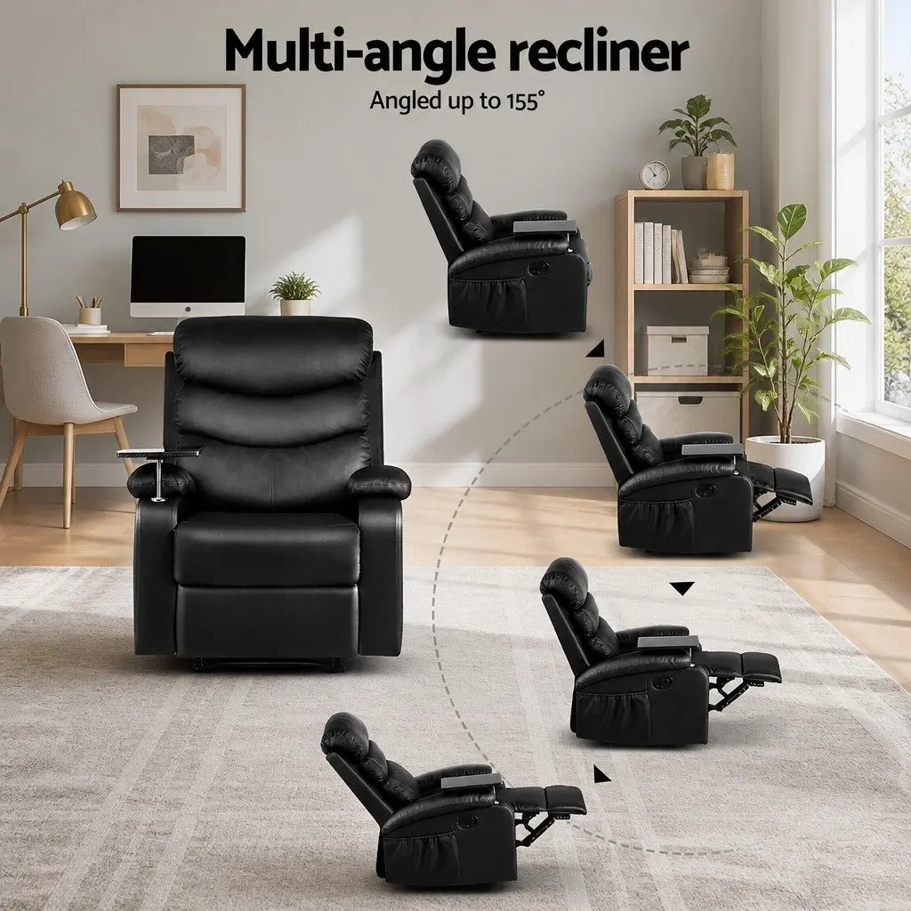 Recliner Chair Black Leather Swivel Tray Table Adjustable Footrest 82cm x 91cm x 102cm