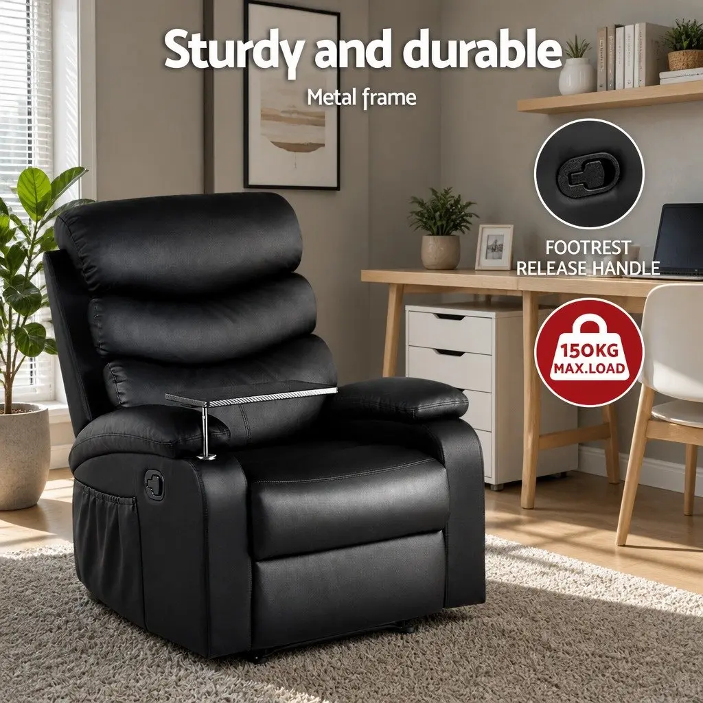 Recliner Chair Black Leather Swivel Tray Table Adjustable Footrest 82cm x 91cm x 102cm