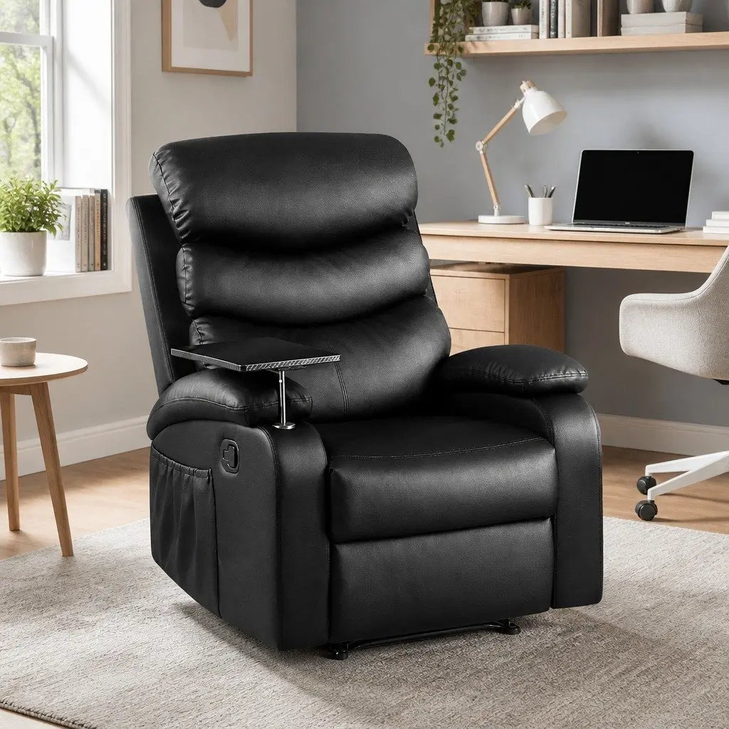 Recliner Chair Black Leather Swivel Tray Table Adjustable Footrest 82cm x 91cm x 102cm