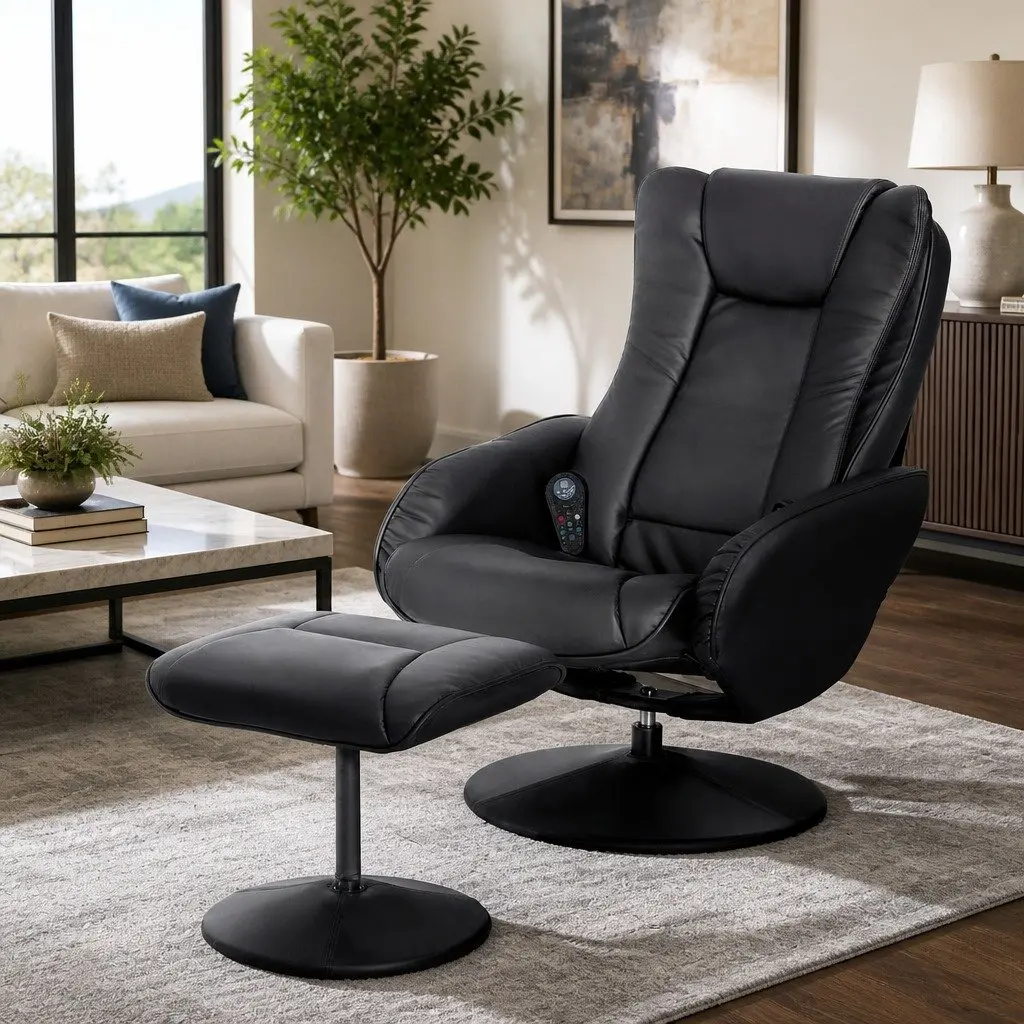 Recliner Chair Heated Massage Black Manual Recline 135 Degrees
