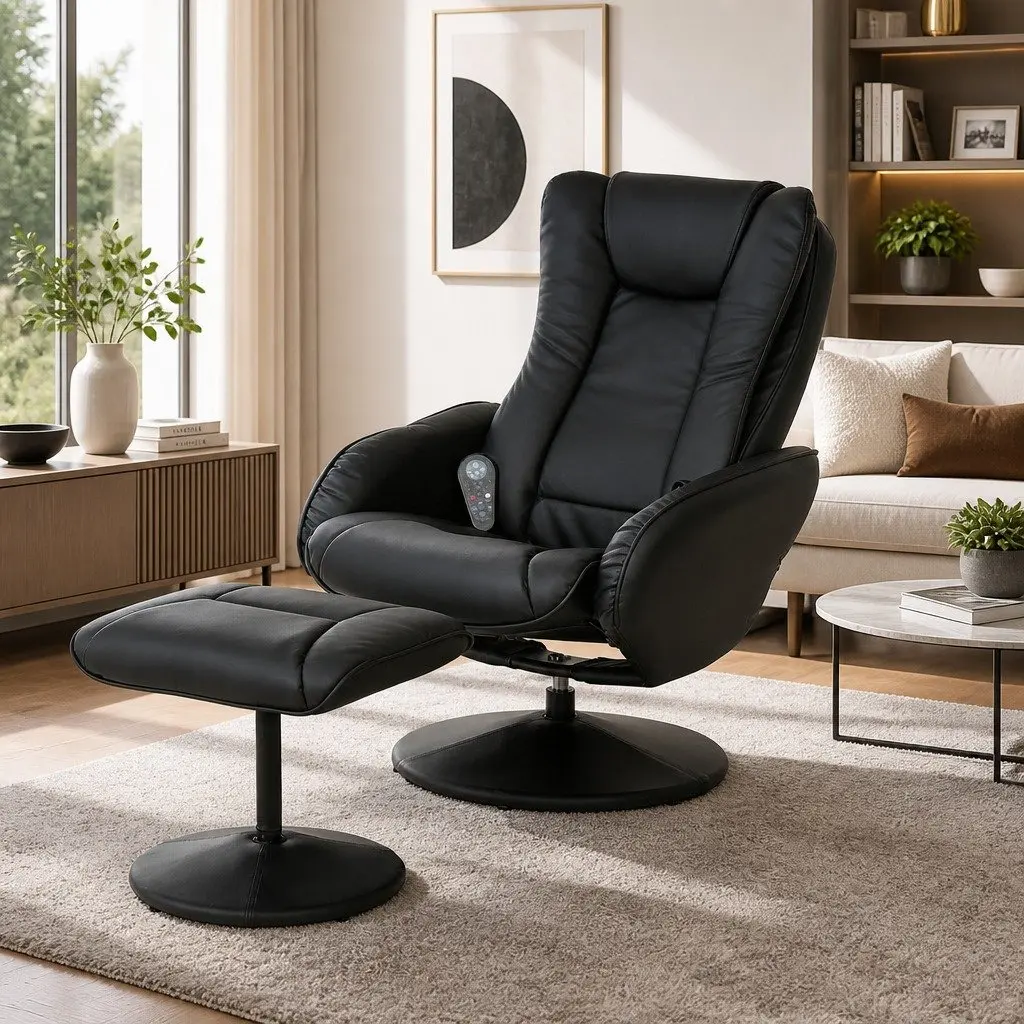 Recliner Chair Heated Massage Black Manual Recline 135 Degrees