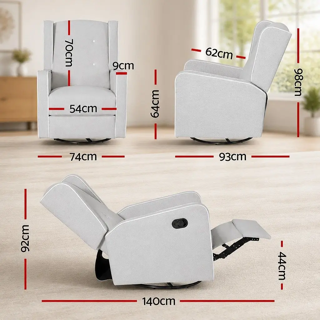 Armchair Recliner Grey Fabric 360 Swivel Remote Control with Footrest