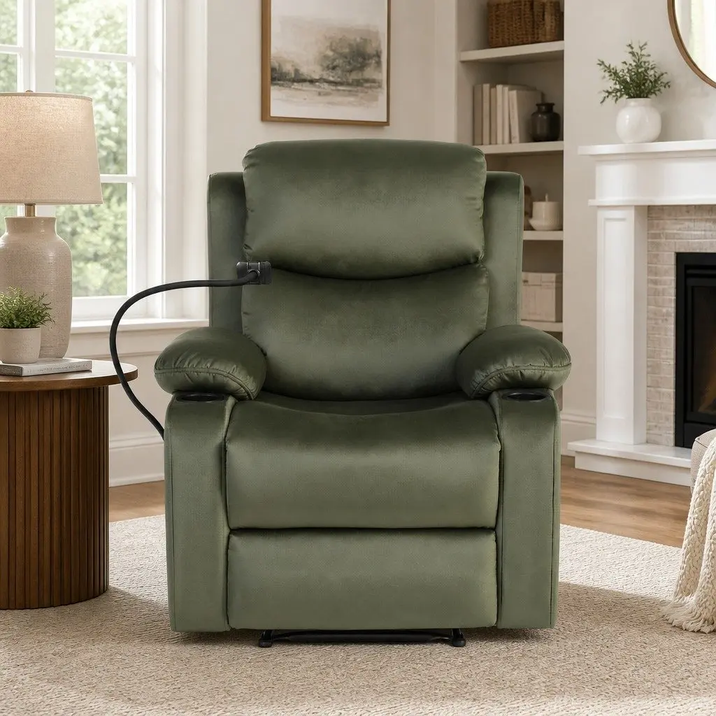 Heated Massage Recliner Chair Velvet Adjustable Green