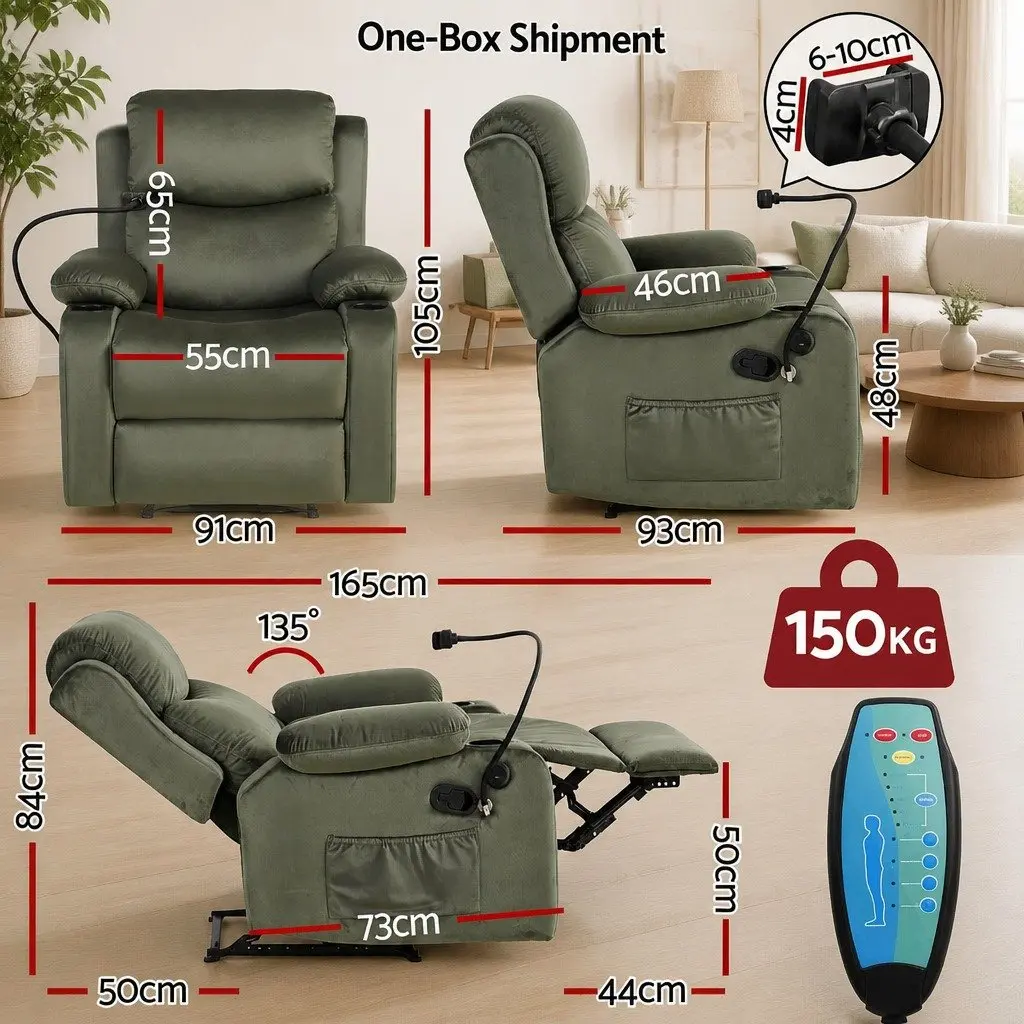 Heated Massage Recliner Chair Velvet Adjustable Green